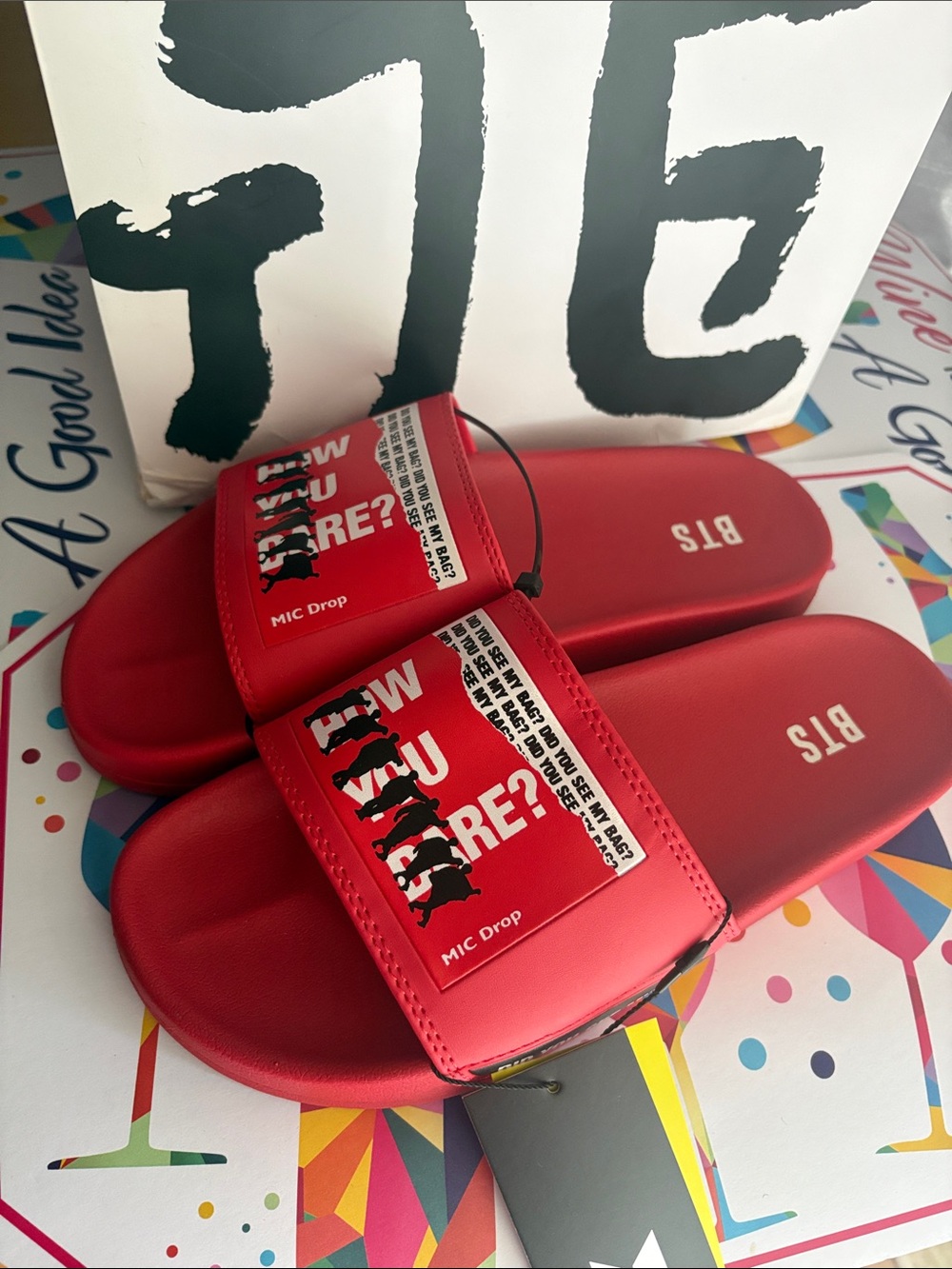 BTS Red Graphic Slide Sandals - Picture 6 of 10
